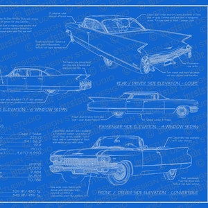 May include: A blueprint technical drawing of a 1960 Cadillac Series 62 car. The drawing shows the car from different angles, including the front, rear, and side views. The drawing also includes specifications for the car, such as its length, width, and wheelbase. The drawing is on a blue background.