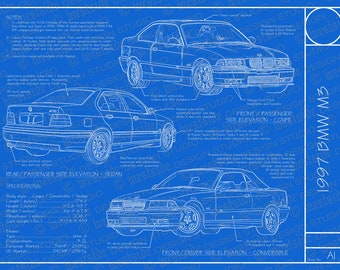 1997 BMW E36 M3 blueprint poster 18"x24" (Digital image file)