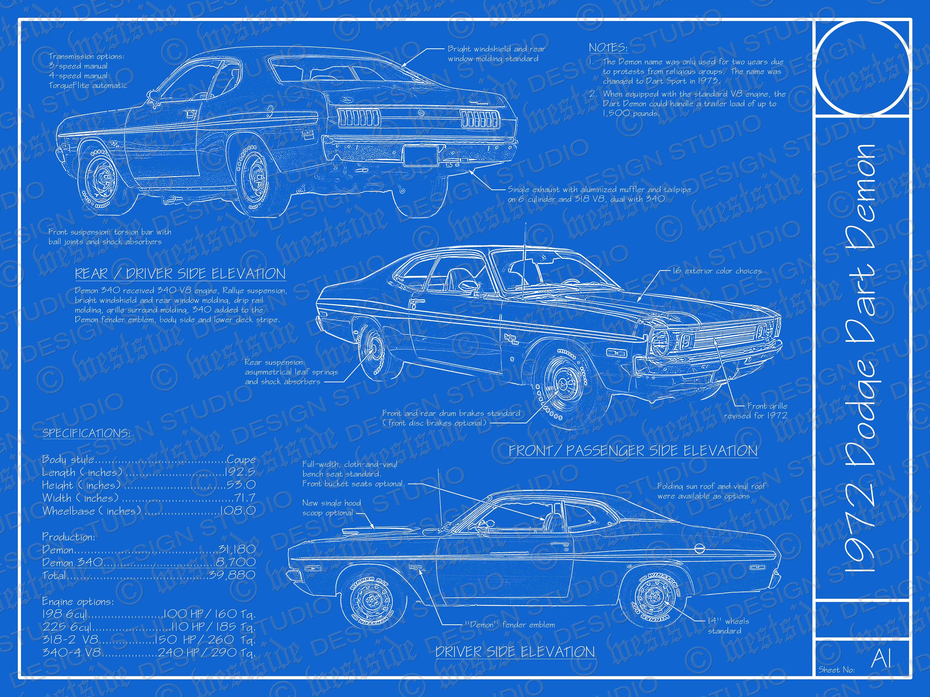 1972 Dodge Dart Demon Blueprint Poster 18x24 image