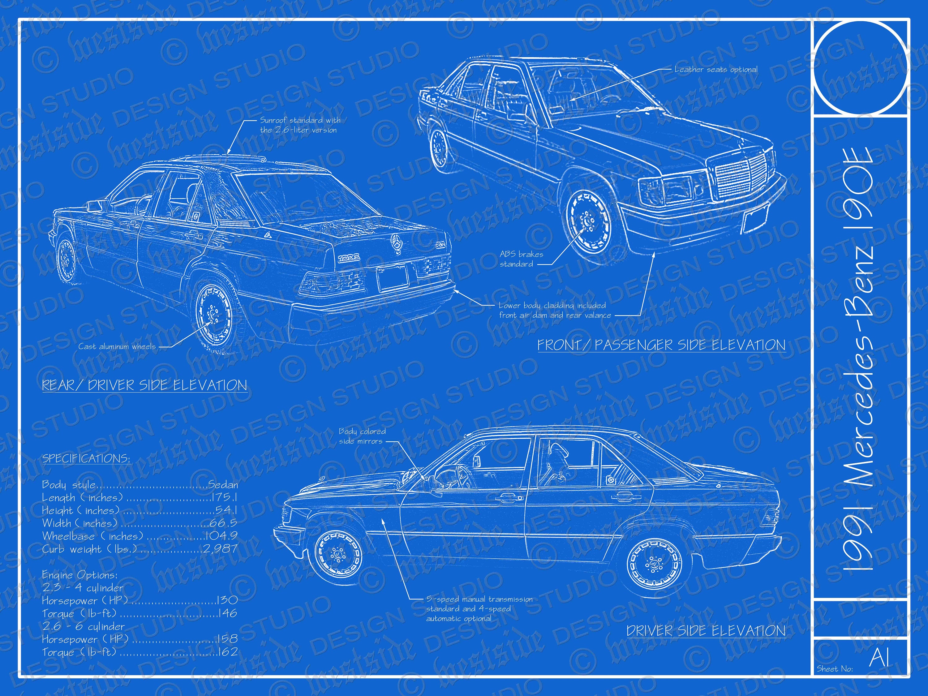 1991 メルセデス ベンツ 190E 設計図ポスター 18