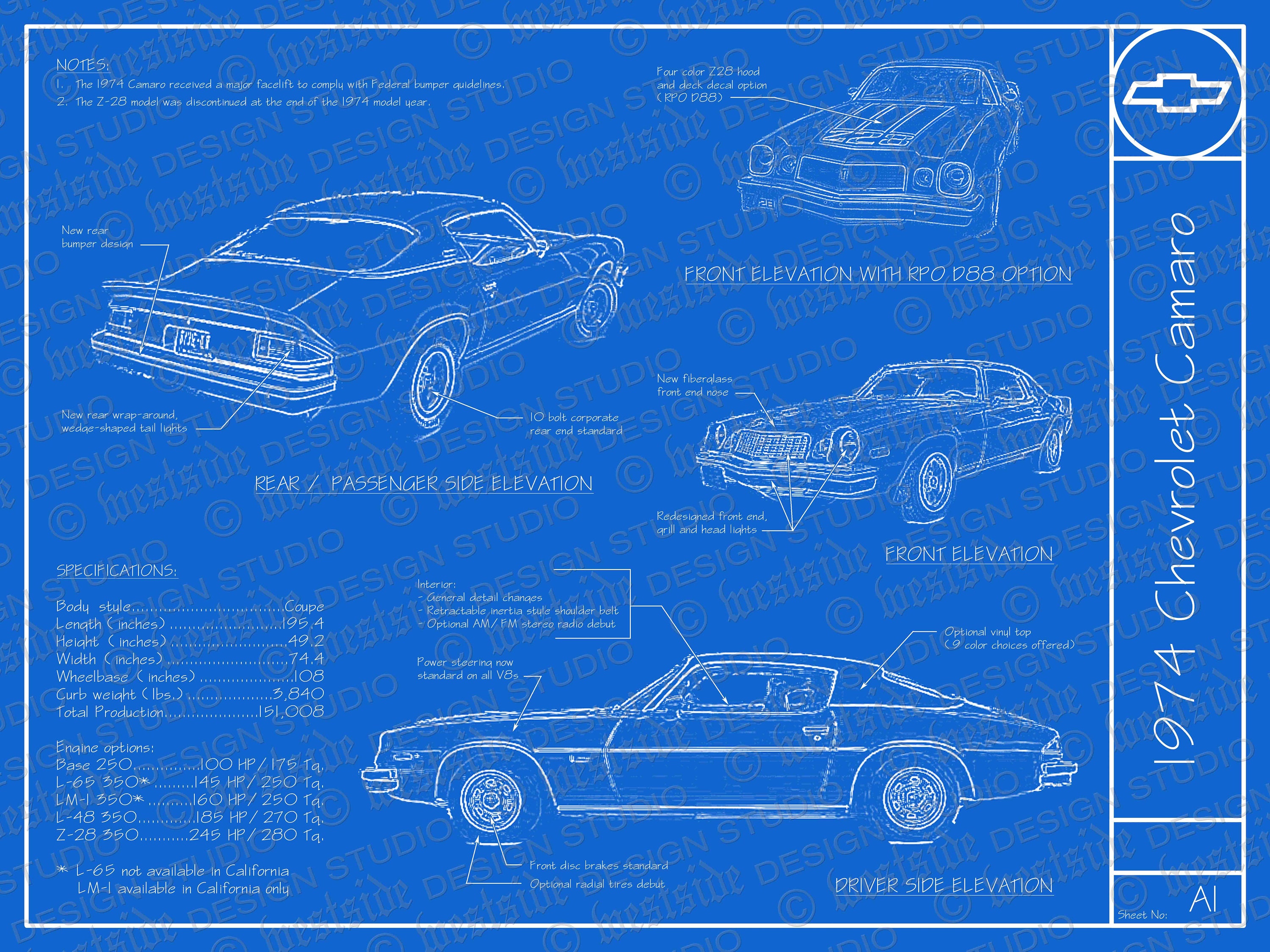 1974 Chevrolet Camaro Blueprint Poster 18