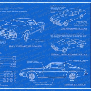 1977 Chevrolet Camaro blueprint poster 18&quot;x24&quot; (JPEG image file)
