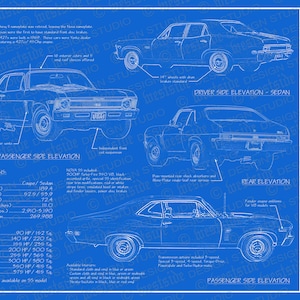 May include: A blueprint style technical drawing of a 1969 Chevrolet Nova, showing the car's front, side, and rear views. The drawing includes specifications for the car, such as its length, height, and engine options.