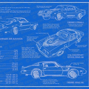 May include: A blueprint drawing of a 1979 Pontiac Firebird Trans Am, showing the car's rear and passenger side elevation. The drawing includes specifications for the car, such as its length, width, and weight. The drawing also includes details about the car's engine options and production numbers. The drawing is titled "1979 Pontiac Firebird" and "10th Anniversary Edition Trans Am".
