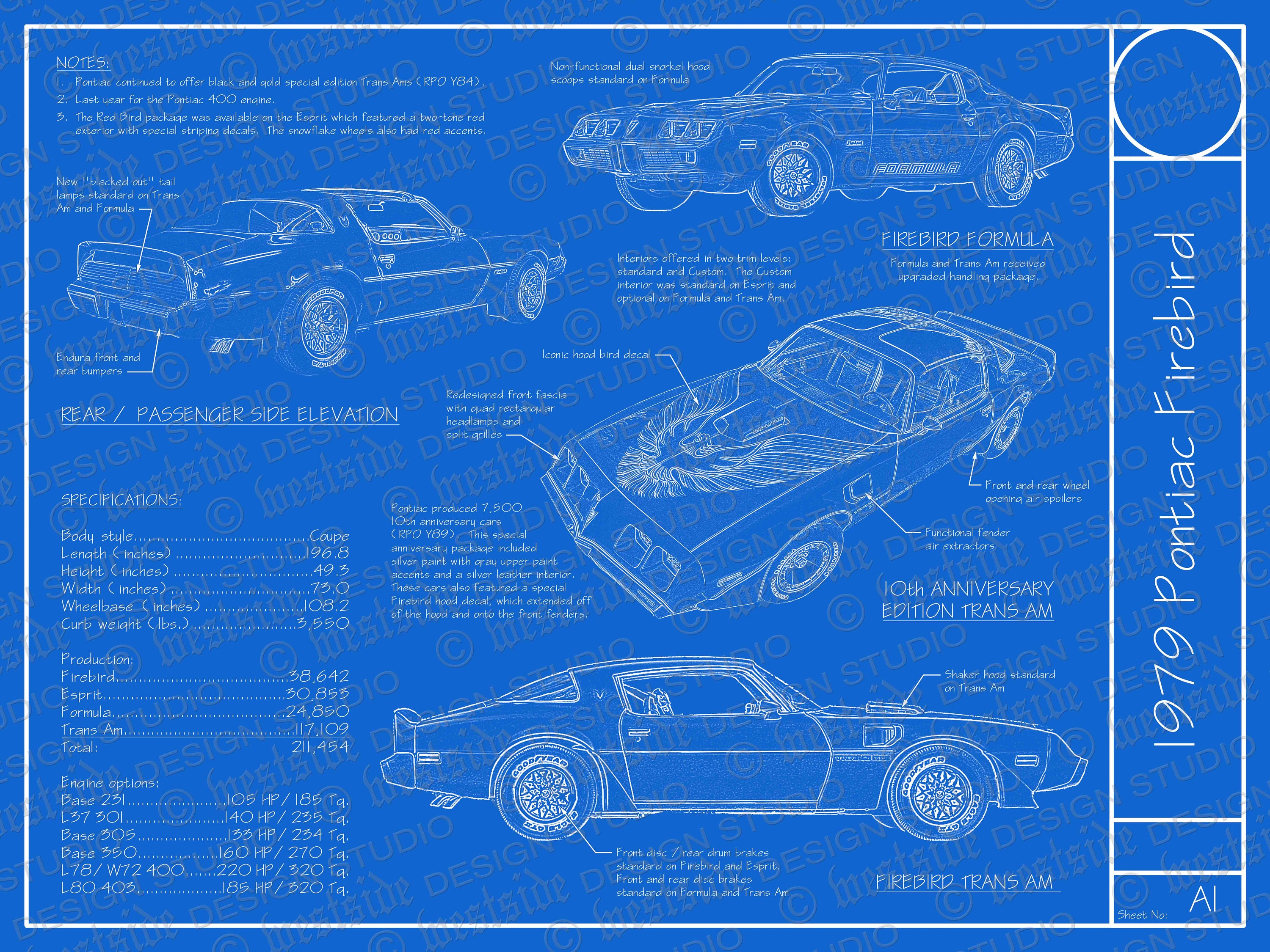 1979 Pontiac Firebird Trans Am Blueprint Poster 18 X24 Digital Image File