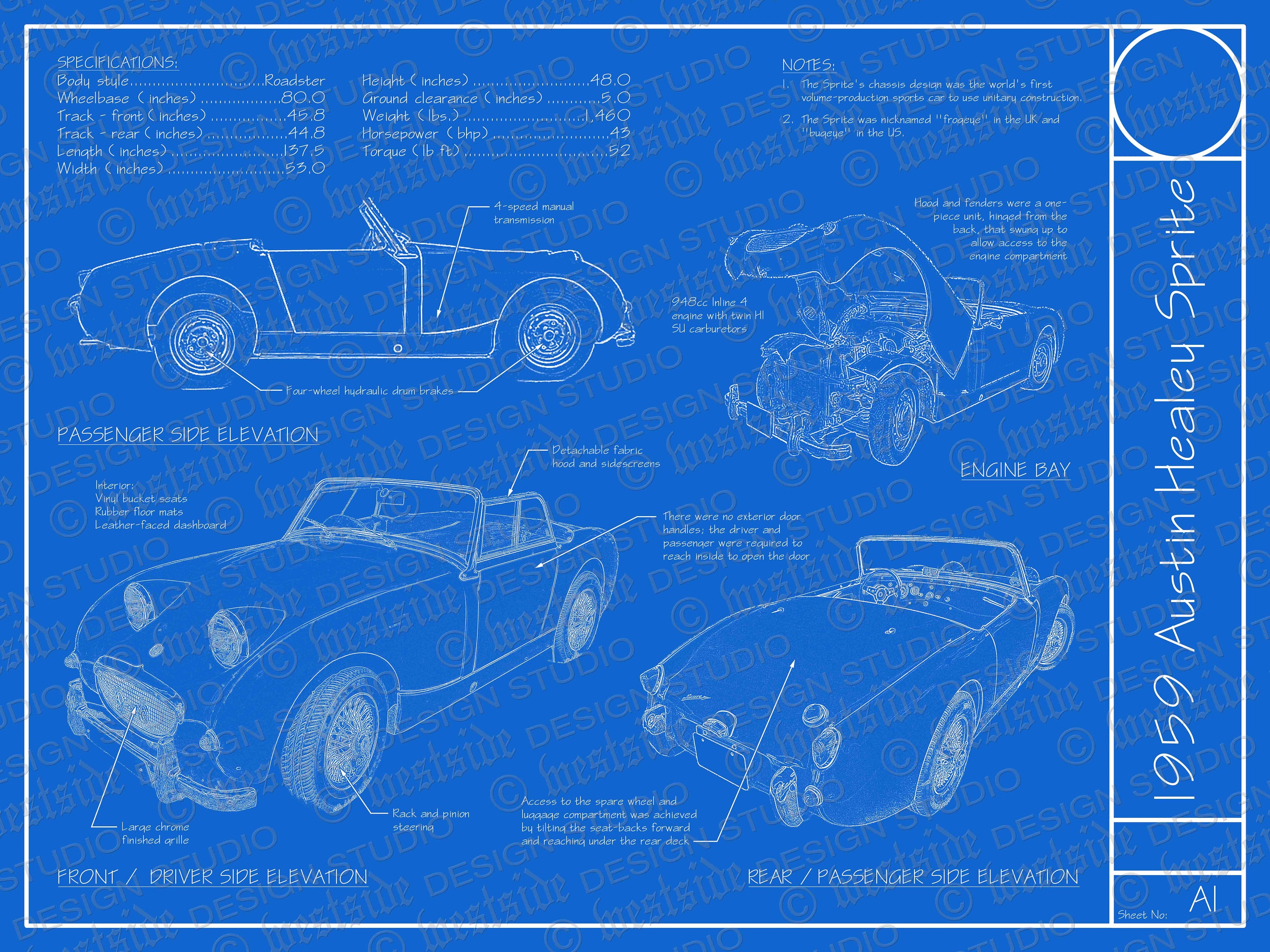 1959 Austin Healey Sprite Blueprint Poster 18
