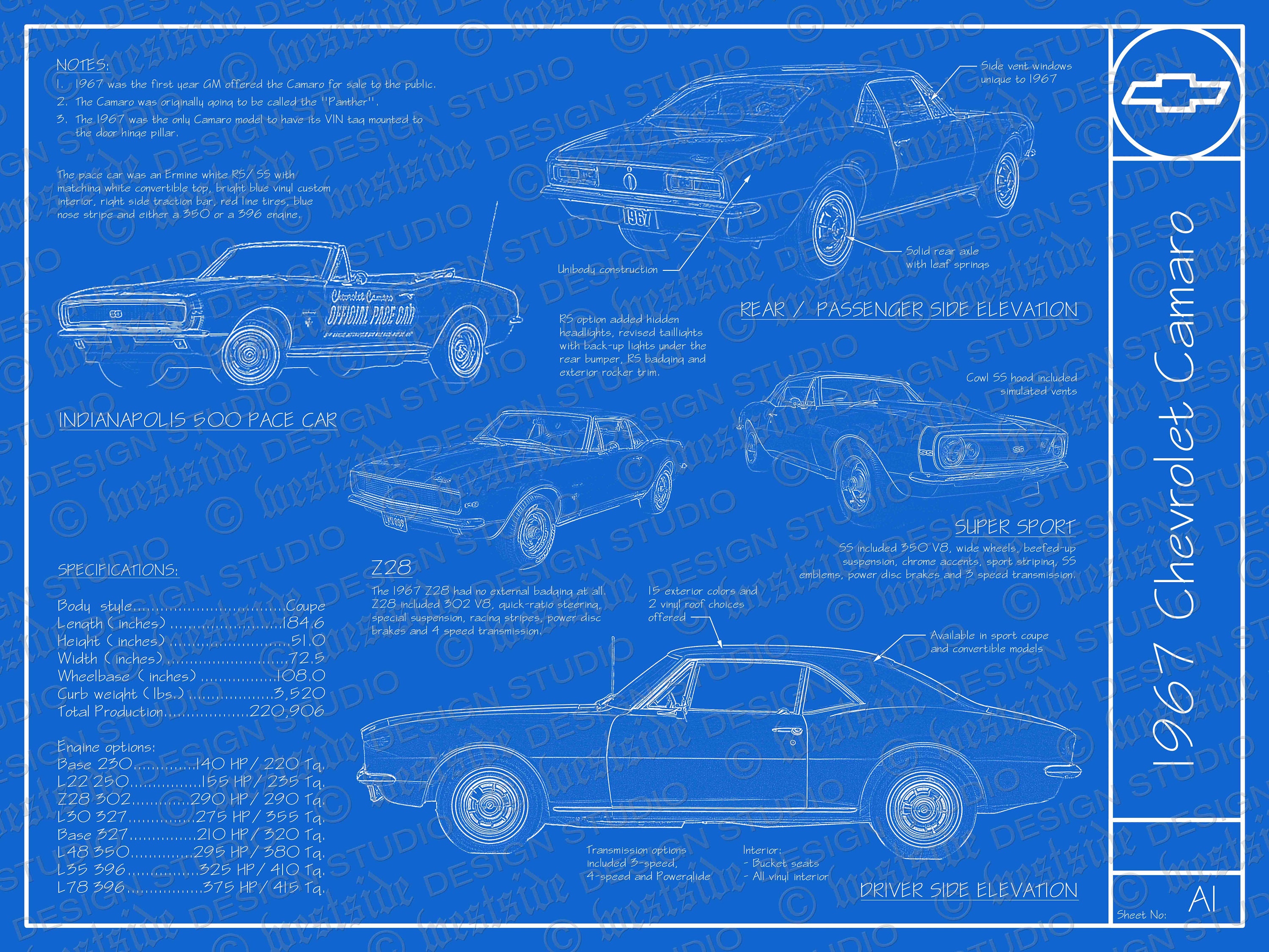 1967 Chevrolet Camaro Blueprint Poster 18x24 JPEG - Etsy