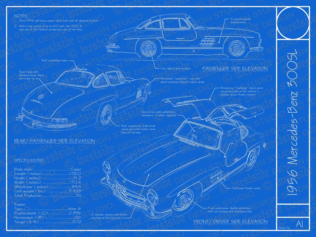 1956 Mercedes Benz 300SL Blueprint Poster 18
