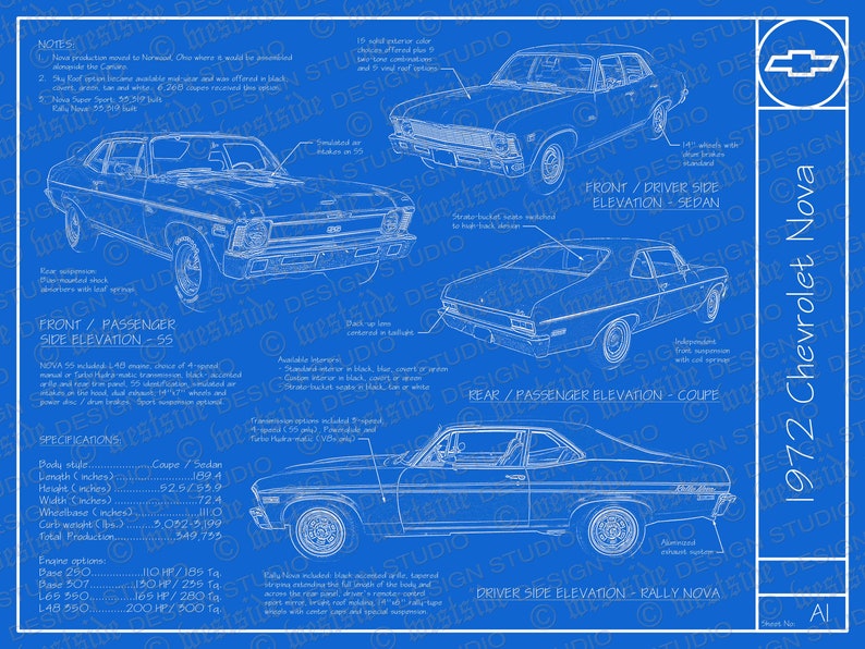 1972 Chevrolet Nova blueprint poster 18x24 JPEG image file image 1