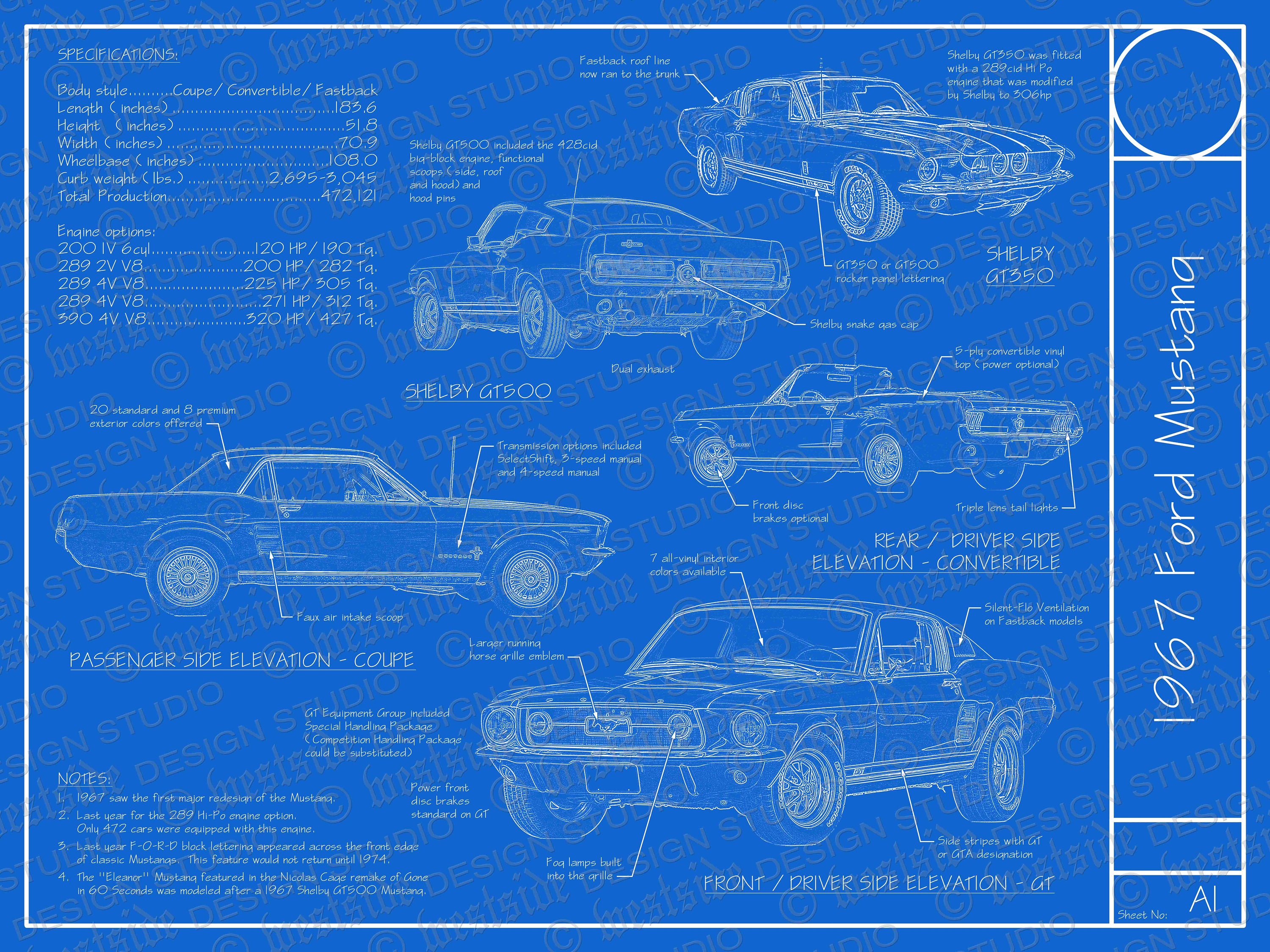 1967 Ford Mustang Blueprint Poster 18x24 digital | Etsy