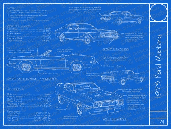 Ford Mustang 1973 Mach 1 Poster Retro Car Vintage Blueprint Art 