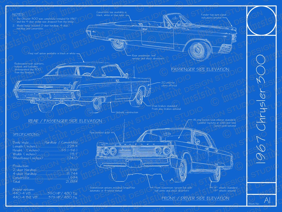 1967 Chrysler 300 Blueprint Poster 18x24 digital Image File Etsy