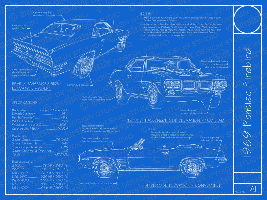 1969 Pontiac Firebird / Trans Am Blueprint Poster 18