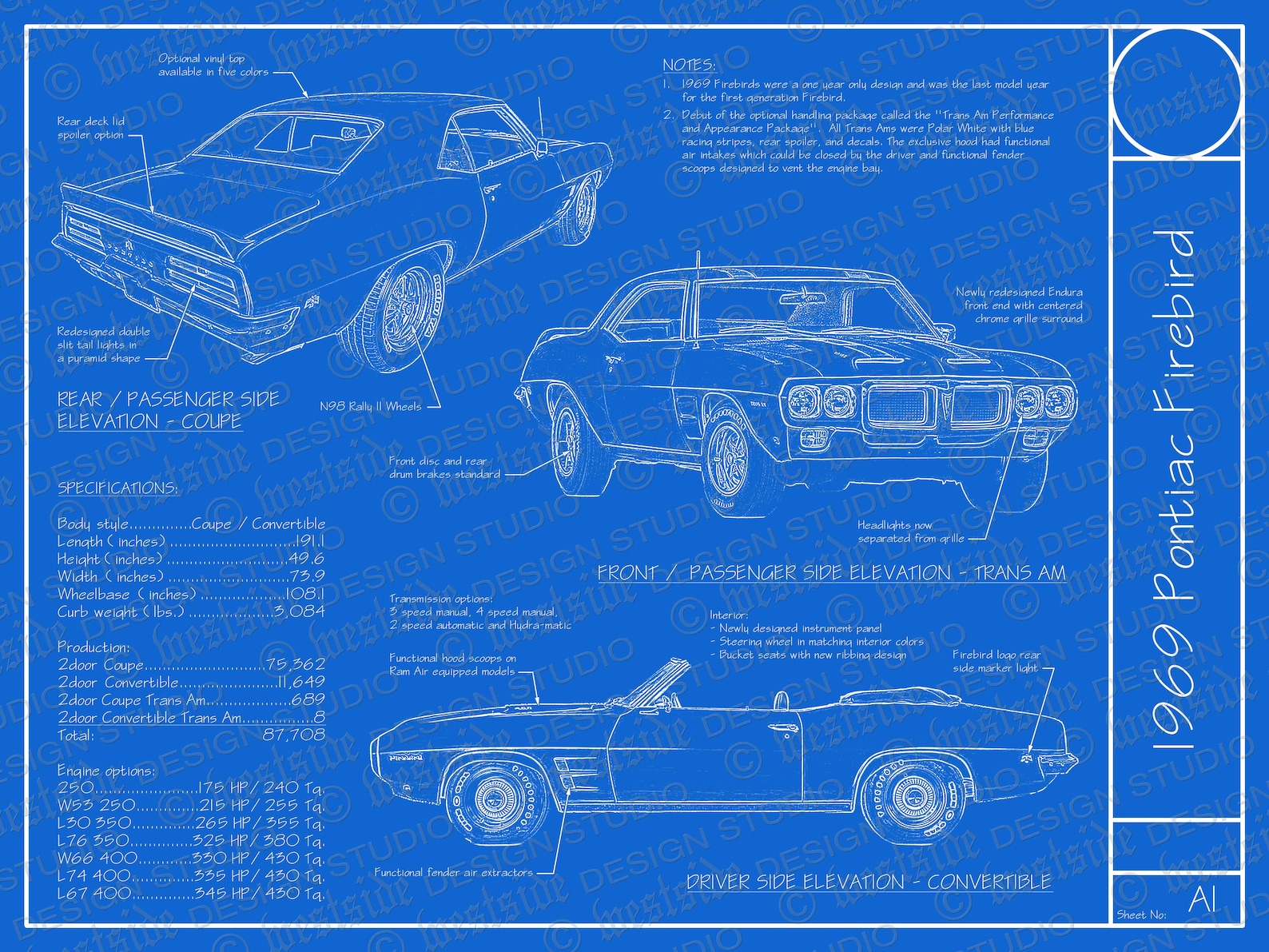 1969 Pontiac Firebird / Trans Am Blueprint Poster | Etsy
