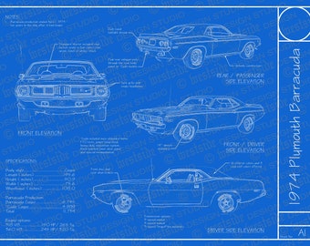 1974 Plymouth Barracuda blueprint poster 18"x24" (Digital image file)