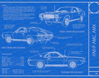 1969 AMC AMX blueprint poster 18"x24" (Digital image file)