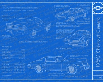 1980 Chevrolet Camaro blueprint Plakat 18 "x 24" (JPEG-Bild-Datei)