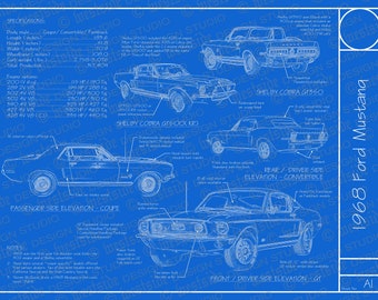 1968 Ford Mustang blueprint poster 18"x24" (Digital image file)