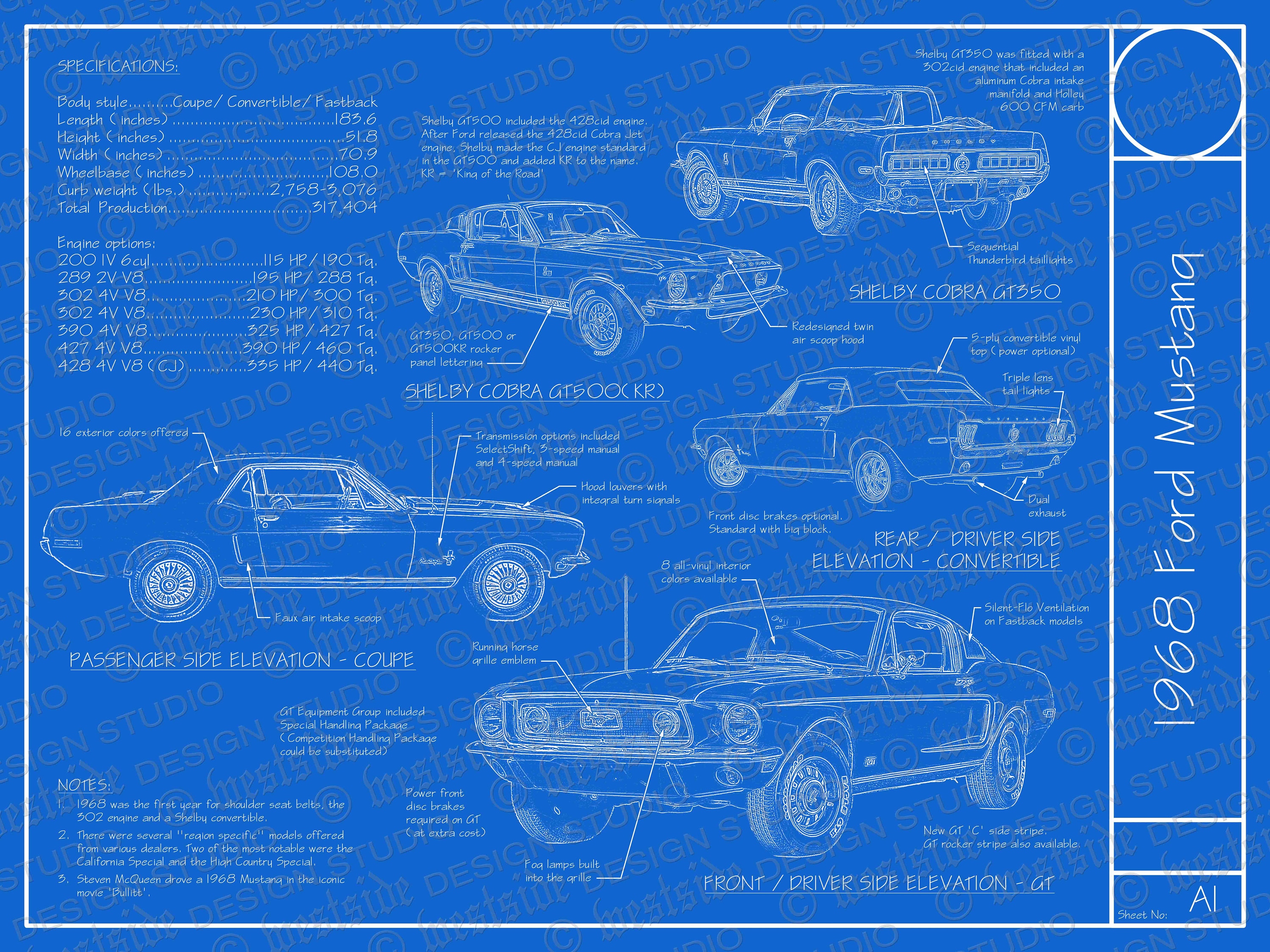 1968 Ford Mustang Blueprint Poster 18x24 digital - Etsy UK