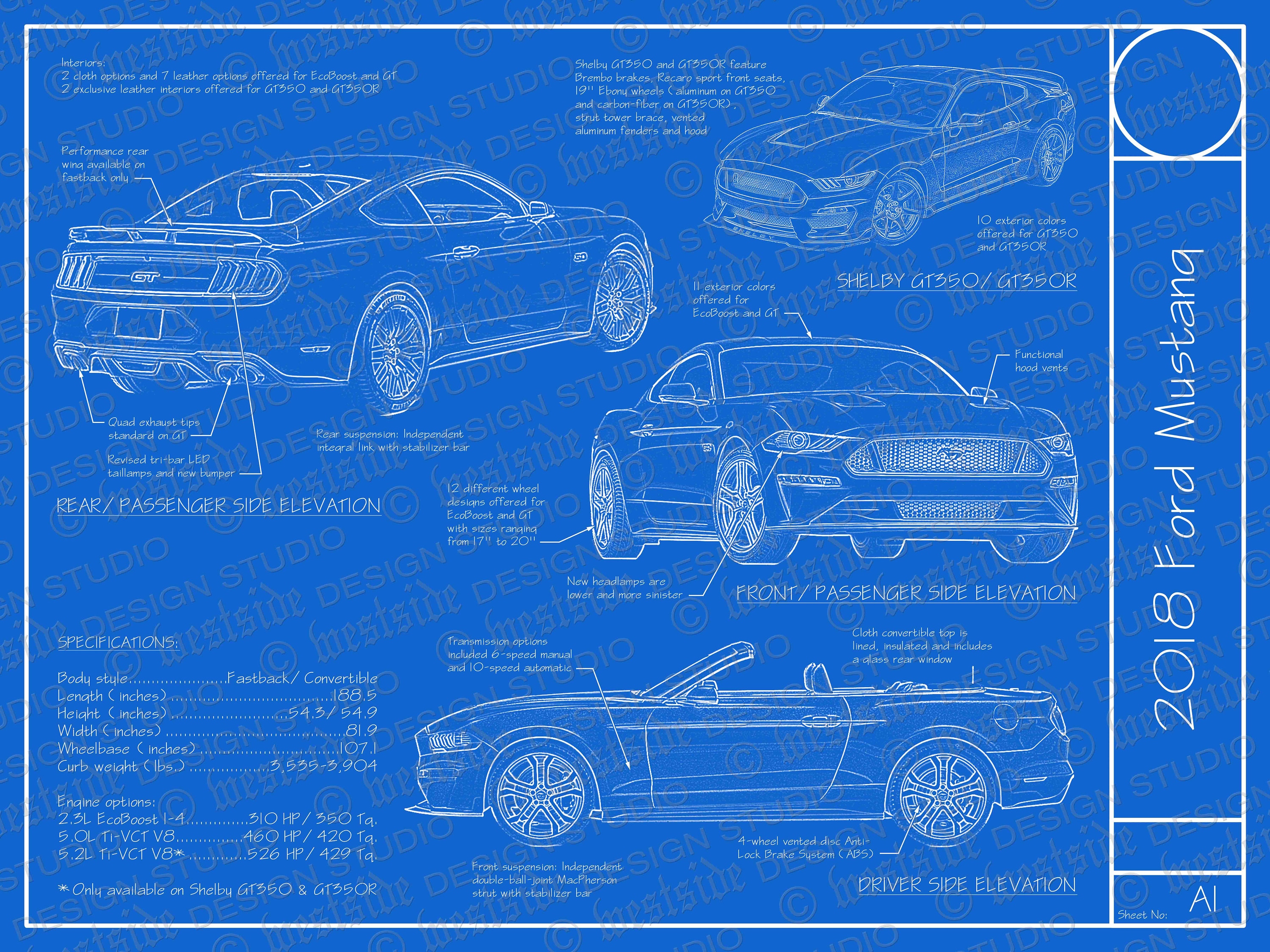 2018 Ford Mustang blueprint poster 18x24 Archivo | Etsy