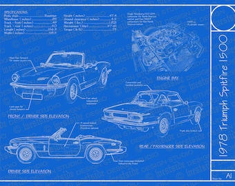 1978 Triumph Spitfire 1500 blueprint poster 18"x24" (Digital image file)