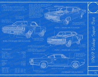 1969 Dodge Super Bee blueprint poster 18"x24" (Digital image file)