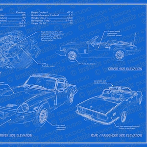 Peut inclure: Illustration de style plan d'un modèle Triumph Spitfire 1500 de 1979. L'image comprend des schémas détaillés du compartiment moteur, des élévations avant/côté conducteur et arrière/côté passager, ainsi que des spécifications.