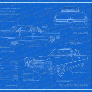 May include: A blueprint technical drawing of a 1964 Cadillac Series 62 car. The drawing shows the car's side and rear views, with details of the car's dimensions and features. The drawing is on a blue background with white lines.