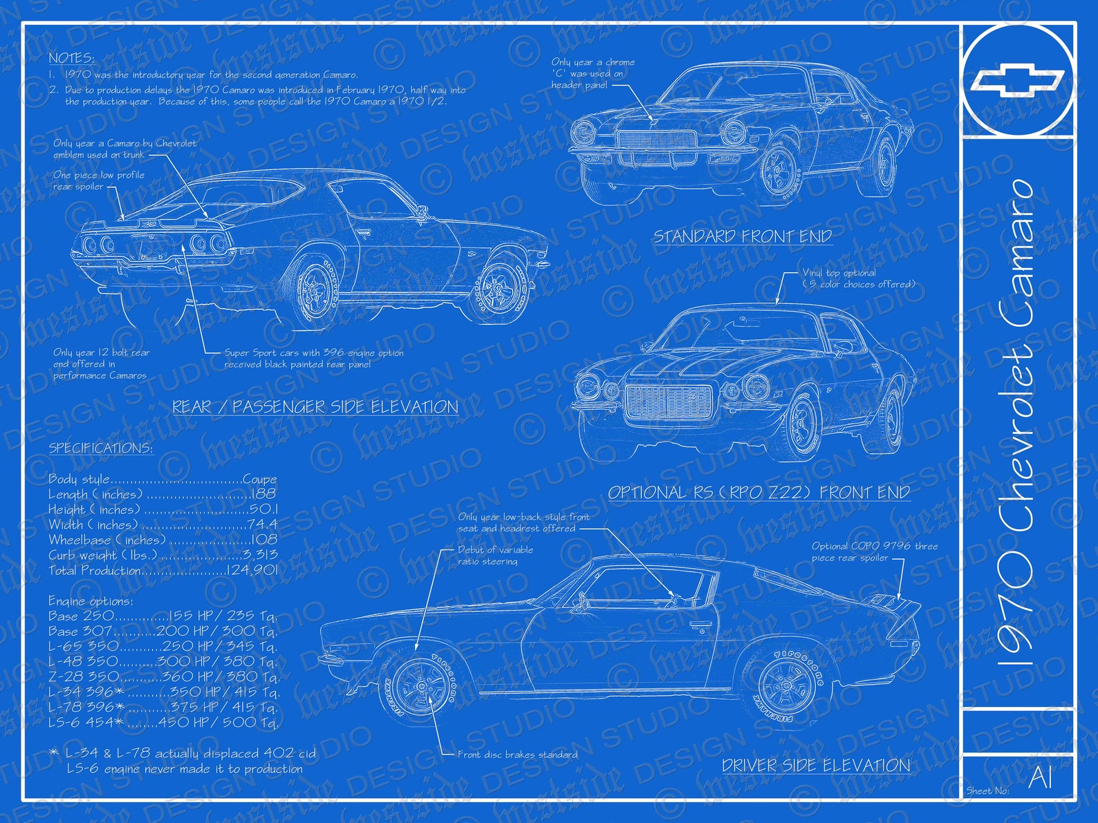 1970 Chevrolet Camaro Blueprint Poster 18x24 Jpeg Etsy