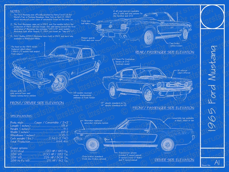 1965 Ford Mustang blueprint poster 18x24 Digital | Etsy