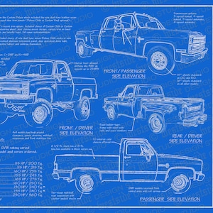Puede incluir: Un dibujo técnico de una camioneta Chevrolet 1984. El dibujo muestra la camioneta desde diferentes ángulos, incluyendo la parte delantera, lateral y trasera. El dibujo también incluye especificaciones de la camioneta, como las opciones de motor y las dimensiones.