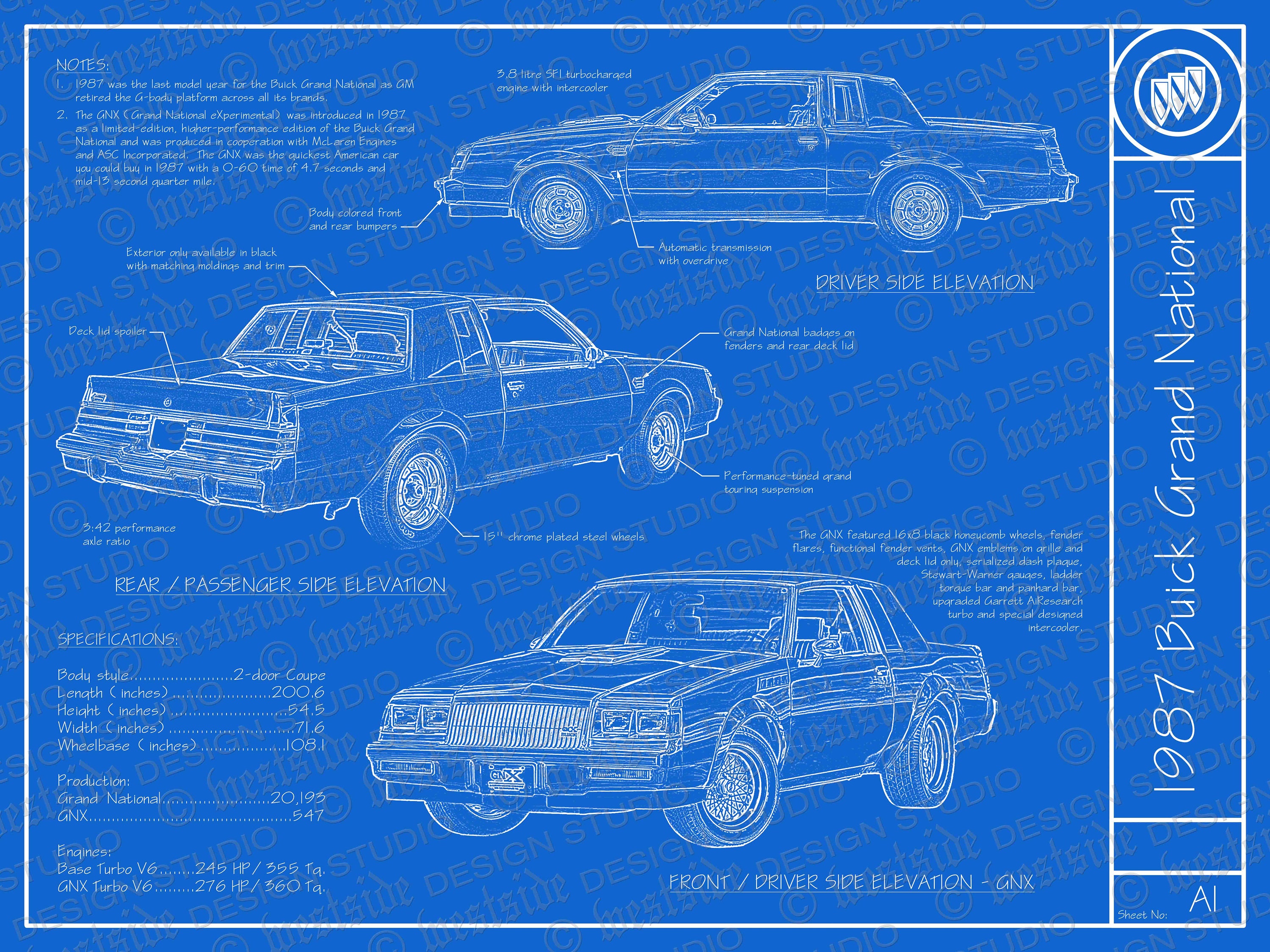 1987 Buick Grand National / GNX Blueprint Poster - Etsy Israel