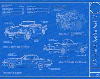 1974 Triumph Spitfire blueprint poster 18"x24" (Digital image file)