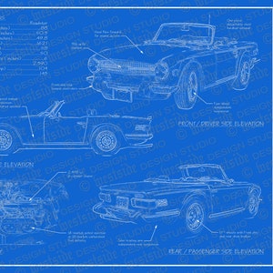 Peut inclure: Un dessin technique d'une Triumph TR6 roadster de 1974. Le dessin montre la voiture sous différents angles, y compris l'avant, le côté conducteur et l'arrière. Le dessin comprend également des détails sur les spécifications de la voiture, telles que son empattement, sa voie et sa puissance.