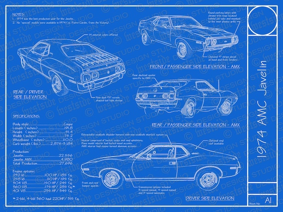 1974 Amc Javelin Blueprint Poster 18x24 Digital Etsy