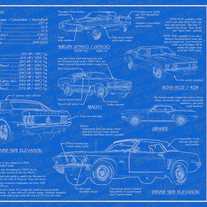 1969 Ford Mustang blueprint poster 18&quot;x24&quot; (Digital image file)