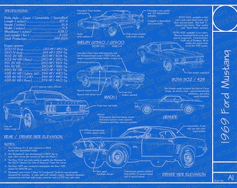 1969 Ford Mustang blueprint poster 18"x24" (Digital image file)