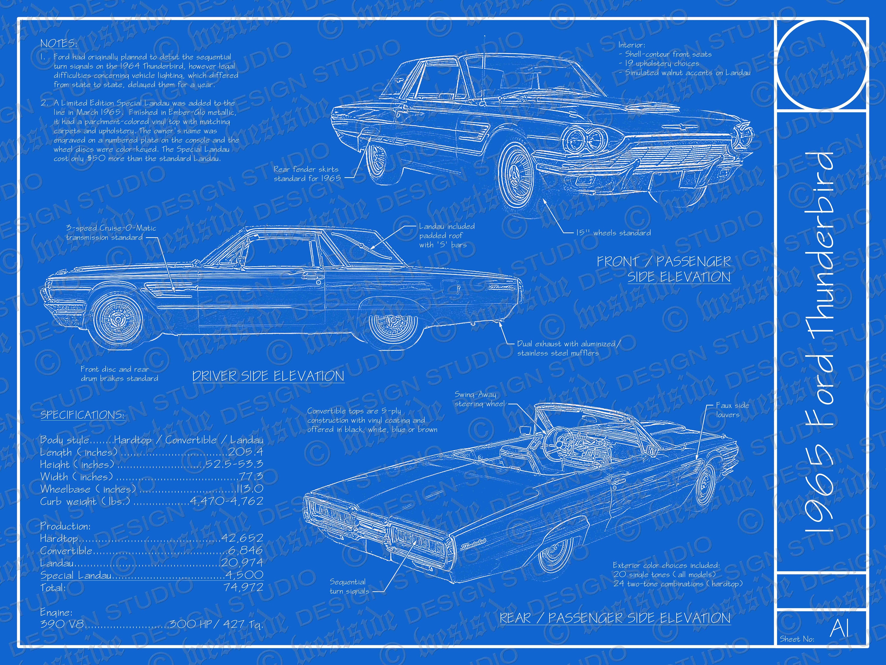 1965 Ford Thunderbird Blueprint Poster 18\, image size:3000x2250