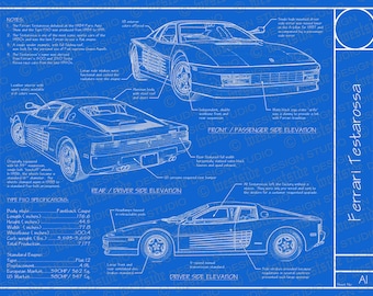 1984-1991 Ferrari Testarossa Type F110 blueprint poster 18"x24" (Digital image file)