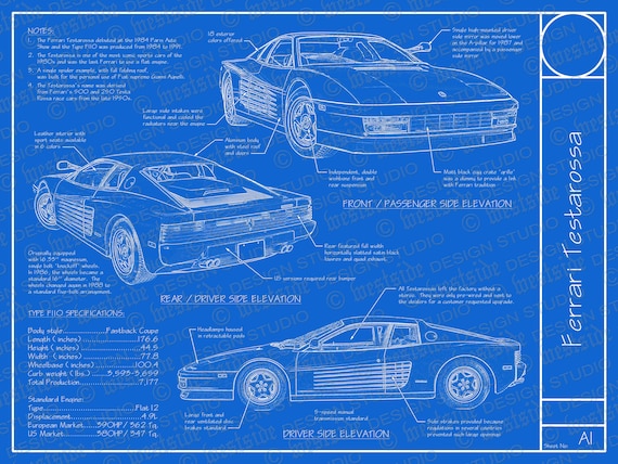 1984-1991 Ferrari Testarossa Type F110 Blueprint Poster 18