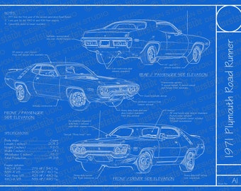 1971 Plymouth Road Runner blueprint poster 18"x24" (Digital image file)