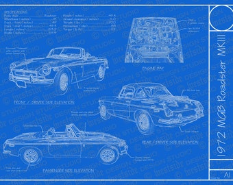1972 MGB Roadster MKIII blueprint poster 18"x24" (Digital image file)