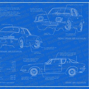 Könnte beinhalten: Eine technische Zeichnung eines Studebaker Avanti aus dem Jahr 1964, die die Front-, Heck- und Fahrerseitenansicht des Fahrzeugs zeigt. Die Zeichnung enthält Spezifikationen für das Fahrzeug, wie z. B. Länge, Breite und Motoroptionen.