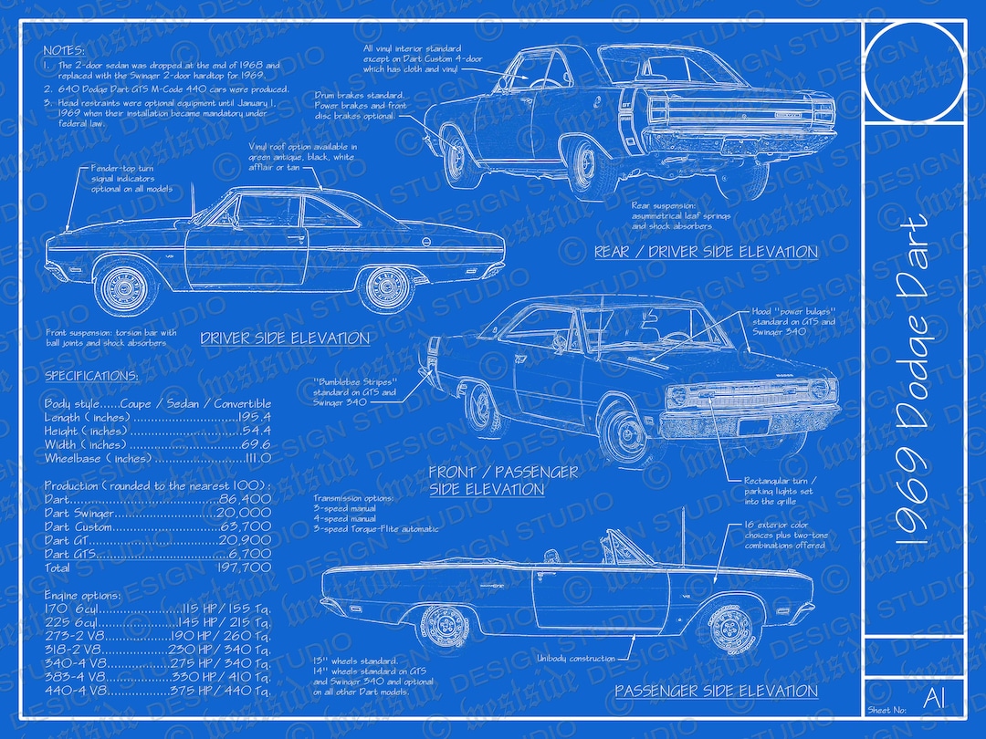 1969 Dodge Dart Blueprint Poster 18x24 digital