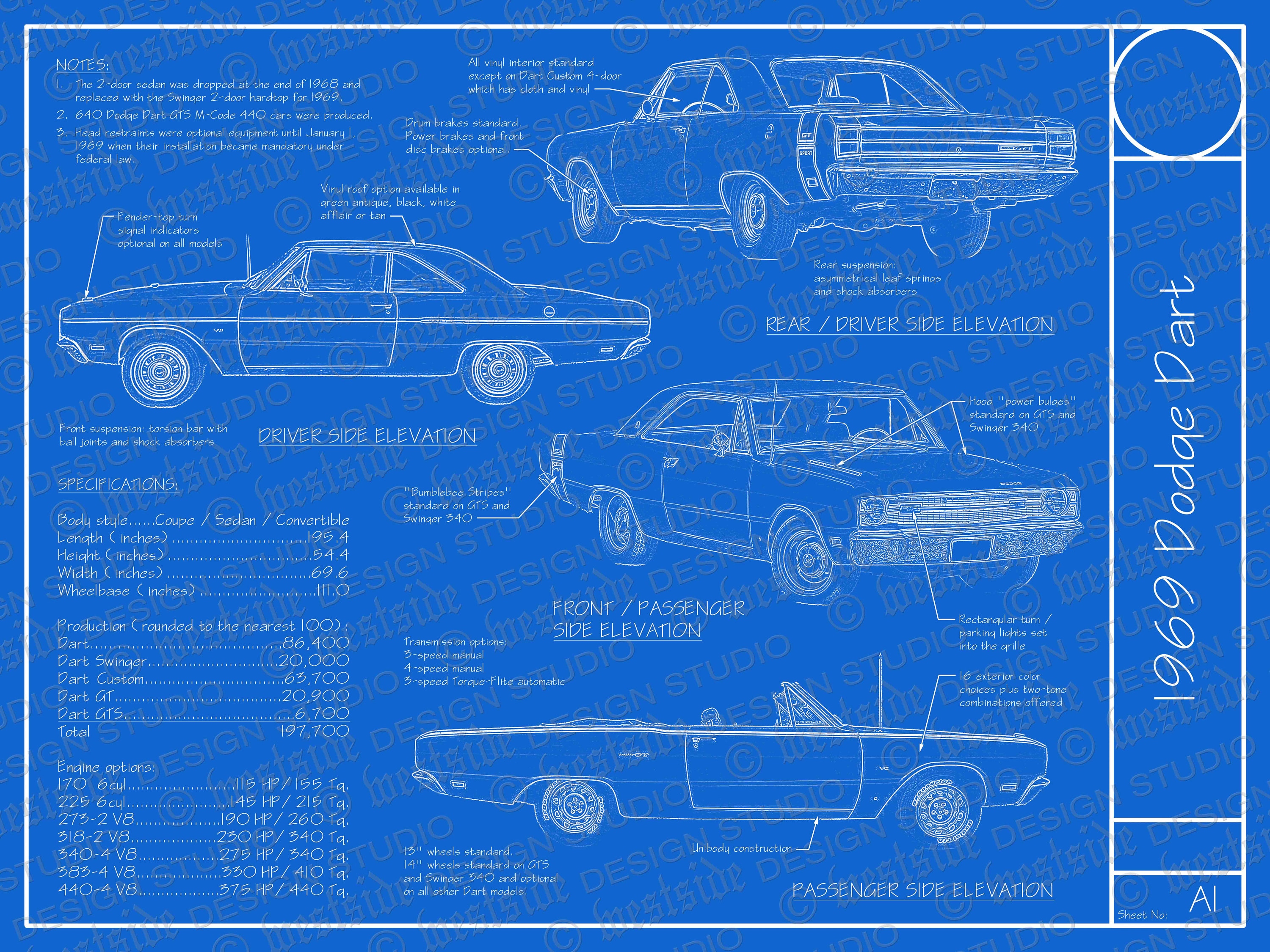 1969 Dodge Dart Blueprint Poster 18x24 digital