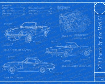 1974 Triumph Spitfire blueprint poster 18"x24" (Digital image file)