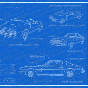 May include: A blueprint technical drawing of a 1976 Chevrolet Camaro with specifications and side and front elevations. The drawing is on a blue background with white lines.