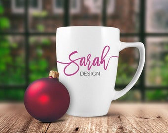 Download Free JPEG Mockup | Christmas Mug Mockup | 12oz White Dollar Tree Mug Mockup | Red Ornament | Garden Window PSD Template