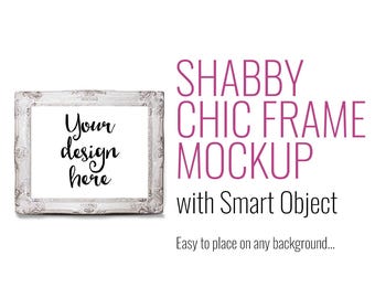 Download Free Rustic white frame mockup scene creator photoshop file for vintage shabby chic wall art decor and printable artwork product listings PSD Template