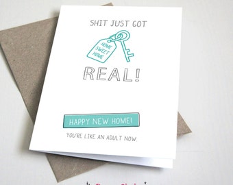 Shit just got real happy new home CARD / Moving / House Warming / Teal and Grey / 5x7 Folded Card – Printable DIY, Instant Download